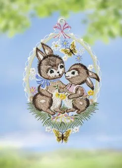 Fensterbild Mit Hasenpaar Aus Plauener Spitze